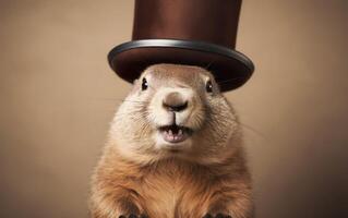 ai generato carino soffice amichevole sorridente marmotta indossare un' nero superiore cappello, vicino su isolato su il Marrone sfondo. contento marmotta giorno bandiera o manifesto. ai generativo foto