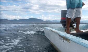 uomo timone un' piccolo motorizzato pesca barca nel Messico con testo spazio foto