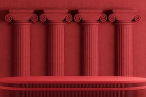 rosso piattaforma su un' sfondo di romano calcestruzzo colonne. astratto sfondo per Prodotto presentazione. 3d interpretazione foto