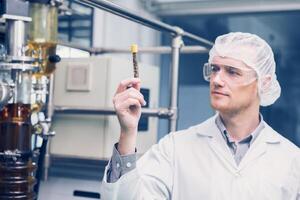 scienziato uomo Lavorando canapa CBD olio estrazione per medico scienza laboratorio. canapa olio estrazione magro film distillazione macchina nel laboratorio impianti processi. foto