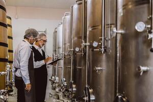 enologo professionale Lavorando nel moderno grande azienda vinicola fabbrica liquore alcool bevande industria qualità controllo e fermentazione tenere sotto controllo Vintage ▾ colore tono foto