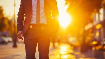 ai generato avvicinamento, uomo d'affari a piedi al di fuori edificio con luce del sole , generativo ai foto