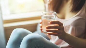 ai generato avvicinamento, giovane donna potabile acqua, donna godendo un' rinfrescante bevanda a casa, generativo ai foto