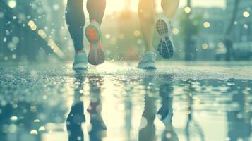 ai generato avvicinamento di un' corridore jogging nel il pioggia su un' strada durante un' maratona, generativo ai foto