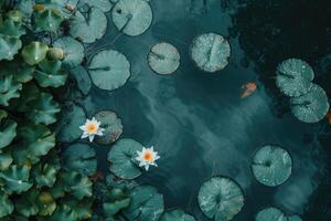 ai generato calma acqua e sereno paesaggio catturato nel un' dall'alto al basso foto di un' giglio stagno, in mostra naturale bellezza e un' tranquillo scena per eco terapia e consapevolezza rilassamento ambientale