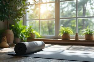 ai generato abbraccio la tranquillità e automedicazione con guarigione e benessere a casa concetto con yoga stuoia e soleggiato finestra per un' sereno meditazione ritiro foto