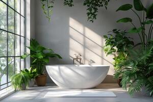 ai generato moderno bagno minimalista disegno, indipendente vasca, eco-friendly arredamento illuminato circondato di lussureggiante interno impianti e bagnata nel naturale luce, benessere e la tranquillità a casa foto