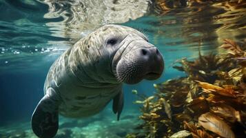 ai generato lamantino pascolo nel fanerogame un' sereno subacqueo scena cattura marino vita e eco-friendly aspetti su mondo fanerogame giorno, mare mucca nel suo acquatico, lamantino e fanerogame biodiversità foto