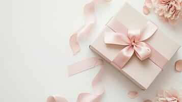 ai generato regalo scatola con rosa nastro su morbido bianca, un' simbolo di amore e apprezzamento per La madre di giorno, promozione emotivo benessere e cura, esprimendo gratitudine e emotivo connessione foto