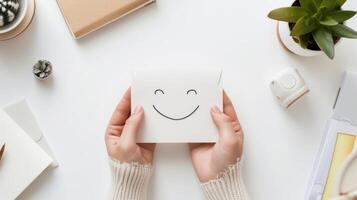 ai generato dall'alto al basso Visualizza di mani Tenere sorridente viso su carta, mentale Salute e benessere, promozione messa a fuoco e positività nel formazione scolastica, spazio di lavoro impostare per apprendimento e creatività, ai-generato foto