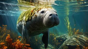 ai generato lamantino pascolo nel fanerogame un' sereno subacqueo scena cattura marino vita e eco-friendly aspetti su mondo fanerogame giorno, mare mucca nel suo acquatico, lamantino e fanerogame biodiversità foto