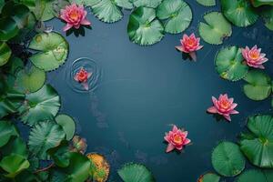 ai generato calma acqua e sereno paesaggio catturato nel un' dall'alto al basso foto di un' giglio stagno, in mostra naturale bellezza e un' tranquillo scena per eco terapia e consapevolezza rilassamento ambientale