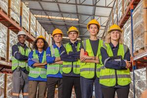 gruppo di persone lavoratore magazzino personale squadra in piedi insieme per inventario prodotti spedizione memorizzare lavoro di squadra foto