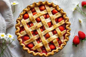 ai generato classico al forno fragola torta con un' reticolo Crosta. generativo ai foto