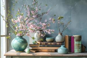 ai generato tavolo con pila di libri, fiori e primavera arredamento. generativo ai foto