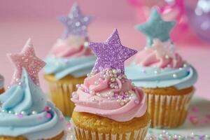 ai generato carino Principessa a tema cupcakes per un' poco ragazza decorato con zucchero stelle. generativo ai foto
