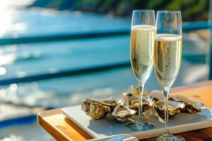 ai generato bicchieri di Champagne e Ostriche su un' tavolo con un' Visualizza per il mare. generativo ai foto