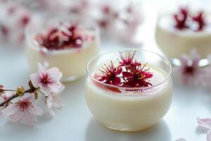 ai generato panna cotta sormontato con un' delicato ciliegia fiori nel sciroppo. generativo ai foto