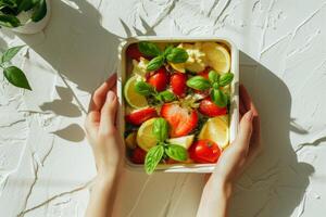 ai generato femmina mani con un' pranzo scatola pieno con un' mediterraneo piatto. generativo ai foto