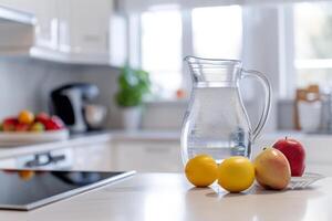 ai generato bicchiere caraffa pieno con pulito potabile acqua nel un' moderno cucina. generativo ai foto
