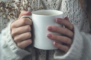 ai generato femmina mani con un' boccale di bevanda. giovane donna Tenere tazza di tè o caffè nel il mattina luce del sole. generativo ai foto