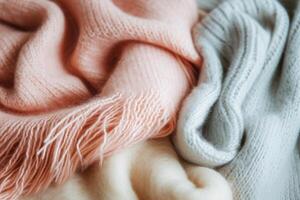 ai generato colorato lana o alpaca coperte impilati nel mucchio. generativo ai foto