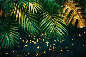 ai generato tropicale palma le foglie e oro luccichio sfondo. generativo ai foto