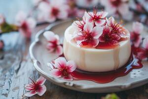 ai generato panna cotta sormontato con un' delicato ciliegia fiori nel sciroppo. generativo ai foto