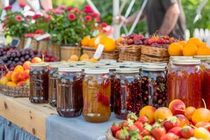 ai generato barattoli di fatti in casa marmellate e salse a un' Locale agricoltori mercato. generativo ai foto