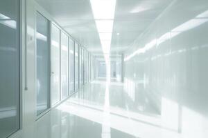 ai generato lungo luminosa corridoio nel scientifico laboratorio costruzione. pulito bianca corridoio. generativo ai foto