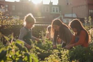 ai generato famiglia tendente per loro urbano verdura giardino insieme. generativo ai foto