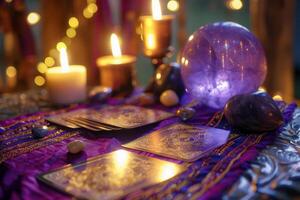 ai generato mistico cristallo sfera, tarocco carte e ardente candele su viola sfondo. Magia rituale o sillabare con esoterico simboli. generativo ai foto