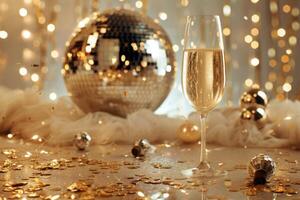 ai generato festivo festa composizione con bicchieri di Champagne, coriandoli, oro decorazioni e discoteca sfera. generativo ai foto