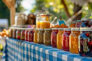 ai generato barattoli di fatti in casa marmellate e salse a un' Locale agricoltori mercato. generativo ai foto