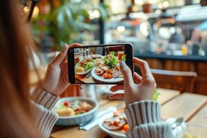 ai generato donna di mani Tenere smartphone e assunzione foto di il cibo nel un' ristorante. generativo ai