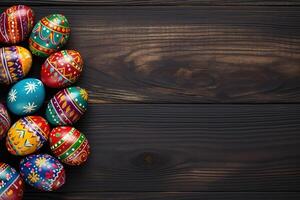 ai generato festivo Pasqua sfondo con colorato uova su un' Marrone di legno tavolo. foto