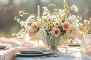 ai generato tavolo impostazioni con floreale disposizione. speciale evento tavolo impostato su. fresco fiore decorazione. generativo ai foto