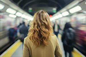 ai generato indietro Visualizza di donna in piedi a occupato metropolitana con sfocato sfondo. generativo ai foto