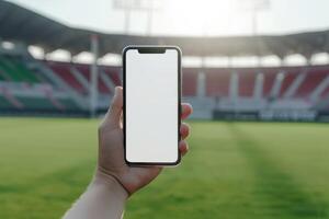 ai generato mano Tenere smartphone con vuoto schermo di il calcio stadio su il sfondo. generativo ai foto