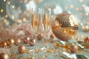ai generato festivo festa composizione con bicchieri di Champagne, coriandoli, oro decorazioni e discoteca sfera. generativo ai foto