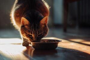 ai generato gatto mangia cibo a partire dal un' ciotola. carino domestico animale. generativo ai foto