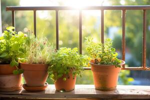 ai generato piccolo urbano balcone giardino con in vaso impianti. generativo ai foto