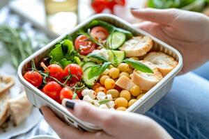 ai generato femmina mani con un' pranzo scatola pieno con un' mediterraneo piatto. generativo ai foto