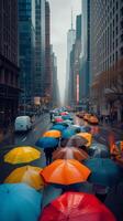 ai generato non identificato persone con ombrelli su il strade di Manhattan. foto