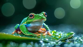 ai generato un' luminosa verde albero rana seduta su un' foglia sopra il acqua foto