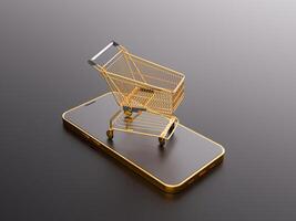 d'oro shopping carrello su smartphone. in linea shopping foto