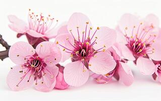 ai generato luminosa rosa ciliegia albero fiori su un' bianca isolato sfondo vicino su foto