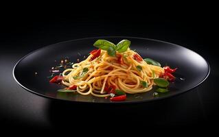 ai generato italiano spaghetti su un' buio piatto, impostato contro un' elegante buio sfondo per un' elegante presentazione foto