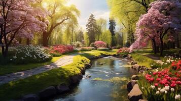 ai generato bellissimo giardino. parco nel il primavera. primavera paesaggio foto