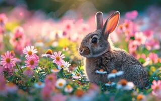 ai generato selvaggio coniglio seduta tra vivace fiori nel un' primavera prato foto